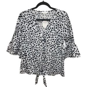 Womens Button Down V Neck Tie Knot Front Tops 3/4 Sleeve Chiffon